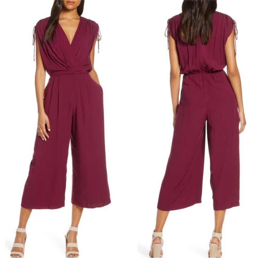GAL MEETS GLAM luella ruched shoulder burgundy cropped jumpsuit